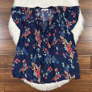 Sea New York Women's Size 8 Blue Floral Tassel Tie Ruffle Sleeve Tunic Top